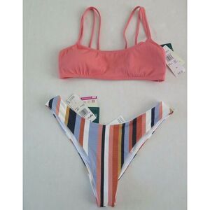 Roxy Women's Sz M Coral Bralette Top Sz L Striped Cheeky Bottom Swimsuit Set